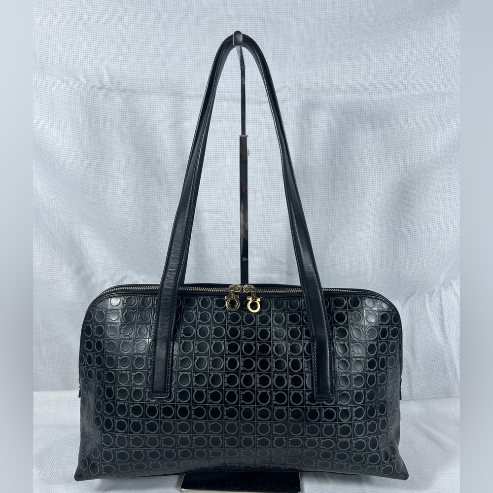 Salvatore Ferragamo Black Gancini Embossed Leather Satchel Tote